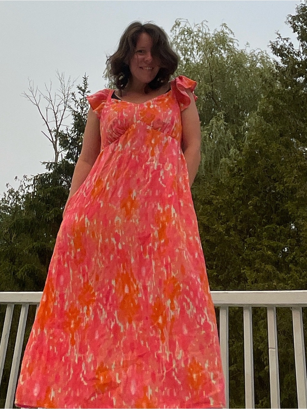 Time and Tru Pink Orange Floral Maxi Dress Adjustable Straps Pockets 8-10 cotton - Picture 2 of 11